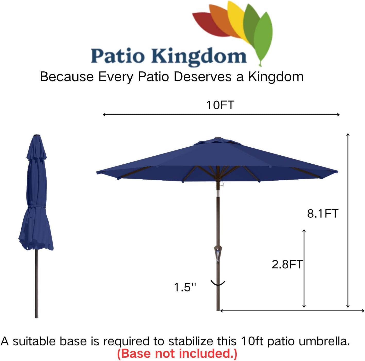10FT Patio Umbrella Outdoor Market Umbrella with Crank and Tilt, 8 Flexible Fiberglass Ribs, UV-Resistant Waterproof Canopy for Patio, Deck, Garden, Backyard, Navy Blue